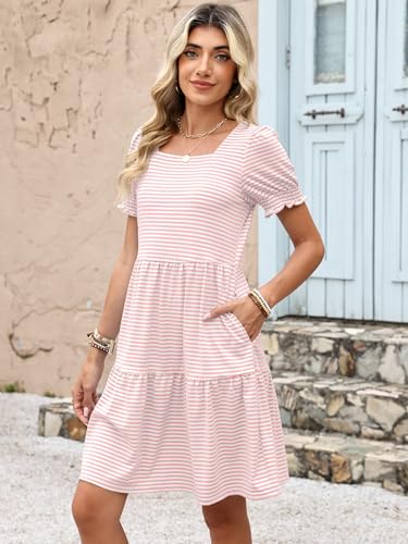 ANRABESS Women Summer Square Neck Puff Short Sleeve Mini Dress 2026 Casual Flowy Striped Sundress Beach Vacation Clothes with Pockets Pink Striped Large