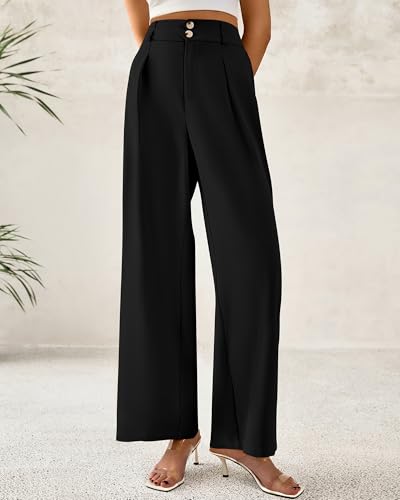 BTFBM Women Wide Leg Dress Pants 2026 High Waisted Button Pleated Business Casual Trousers Office Work Palazzo Pants(Black, X-Large)