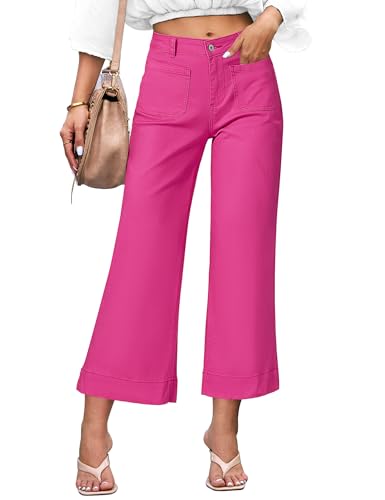 Luvamia Hot Pink High Waisted Wide Leg Flare Jeans for Women, Size 12-14, Casual Jeans with Stretchy Denim Fabric, 26 Inch Inseam