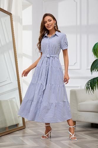 utcoco Womens Casual Short Sleeve Button Down Tie Waist Ruffled Striped Maxi Shirt Dress (Small, Blue)