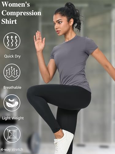 NebuKinex 5-Pack Women's Compression Shirts Short Sleeve Workout Tops Athletic Baselayer Quick Dry Gym Yoga Running T-Shirt Large