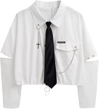 Women's Alt Emo Gothic Blouse Button Down Shirt Aesthetic Japanese Harajuku Streetwear Techwear Preppy Clothes (White,Small)