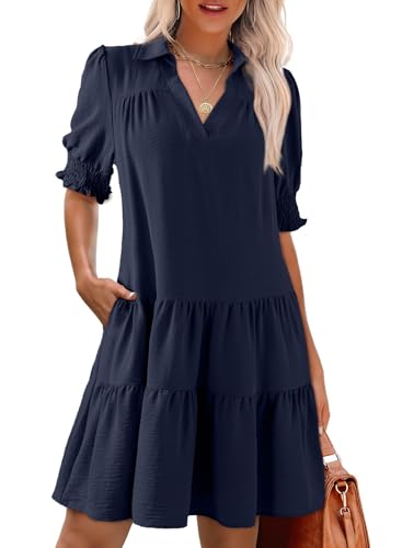 Dokotoo Womens Summer Dresses for Women 2026 Spring Dress Casual V Neck Flowy a Line Mini Dress 2026 Fashion Trendy Baby Doll Dresses Texture Vacation Plus Size Women's Clothing Outfits Navy Blue