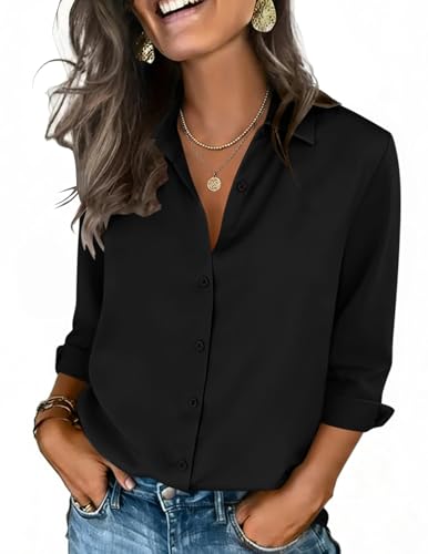 Zeagoo Womens Tops Three Quarter Sleeve Button Down Blouse V Neck Dress Shirts Spring Work Outfit Business Casual Clothes Black