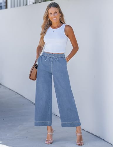 luvamia 26 Inch Inseam Womens Wide Leg Jeans Denim Pants for Women Denim Elastic Waist Pants for Women Cody Blue Medium Fits Size 8 / Size 10