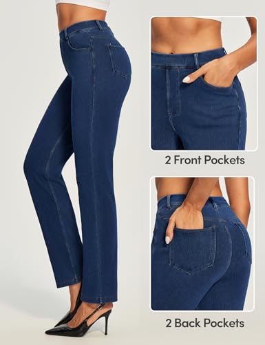 IUGA Straight Leg Jeans for Women Stretchy Pull On Sweatpant Jeans Women High Waisted Bootcut Jean Trendy Denim Pants Dark Blue