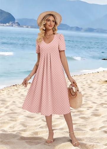 Zeagoo Pink Midi Dress Womens Casual Summer Dresses V Neck A Line Dresses Womens Beach Vacation Dress Womens Short Sleeve Sundresses Pink Dot XXL