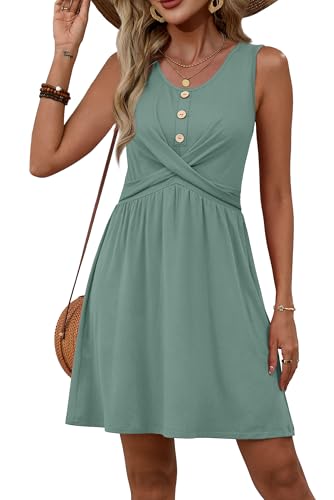 OFEEFAN Sundresses for Women Casual Dresses for Women Spring Babydoll Dress Button Down Cruise Outfits Classy Green M