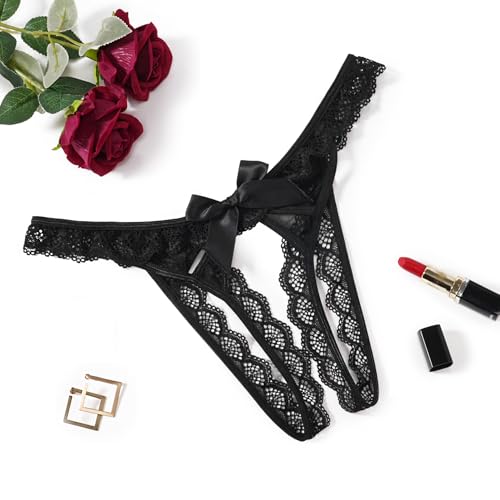 Avidlove Lace Panties for Women Low Rise Underwear Briefs Floral Lace Thong Panties with Bow Black XXL