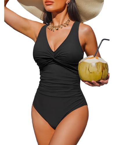 Holipick Black Women Tummy Control One Piece Swimsuit - Push Up Bathing Suit Full Coverage Slimming Swimwear M