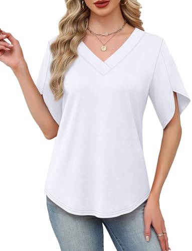 WIHOLL White Shirt Womens Blouses for Women Cute Tops Dressy Casual V Neck Shirts Fashion Clothing School Outfits for Teachers Womens Summer Tops White L