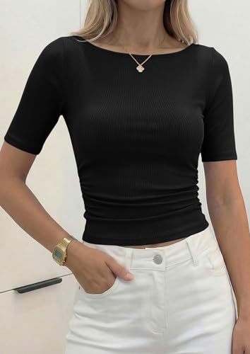 PRETTYGARDEN Womens Summer Short Sleeve Tops Boat Neck Ribbed Knit Slim Fit T Shirt Casual Basic Top 2026 Spring Clothes (Black,Large)