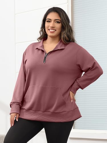 TAKEYAL Womens Quarter Zip Plus Size Sweatshirt Pockets Oversized Drop Shoulder Crewneck 2025 Fall Spring Clothes (Dark Pink, 3XL)