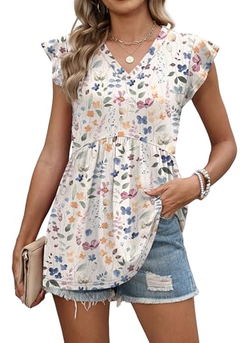WIHOLL Ruffle Sleeve Tops for Women 2026 Trendy Summer Spring Outfits Babydoll Shirts Dressy Casual Lightweight Blouses Vacation Clothes Floral S