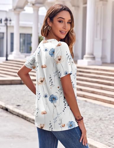 Zeagoo Dressy Tops for Women Short Sleeve Summer Outfits Loose Fit V Neck T Shirts Fall Dressy Blouses Floral White