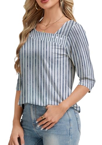 Dimur 3/4 Length Sleeve Womens Tops Asymmetrical Neck Stripes Print Top Ladies Blouses Resort Wear for Women 2026 X-Large