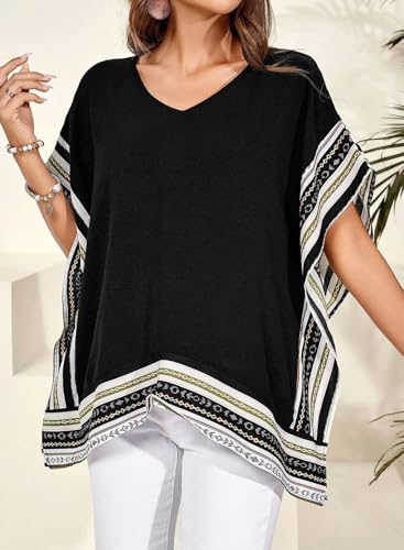 Falechay Flowy Tops for Women Blouses Dressy Casual T Shirts Short Sleeves V Neck Boho Tops Loose Tshirts Side Slit Tees Summer Fit Blouses Fall Ladies Beach Vacation Cute Tshirts Black L