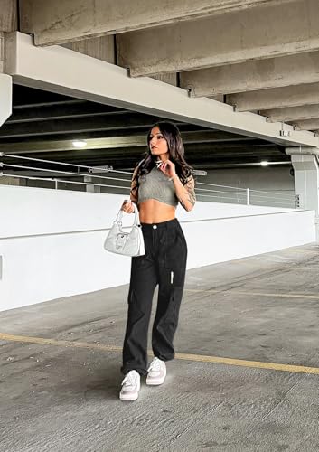 IVIR Cargo Jeans for Women High Waist Baggy Cargo Pants High Rise Boyfriend Y2K Street Wear Pants Black Large