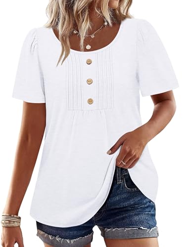 Womens Tops Dressy Casual Blouses Short Sleeve Shirts Plus Size Fashion Clothing Spring Summer Outfits Tuck Pleated Front White 2XL