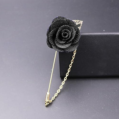 Rose Flower Pin Brooch for Men Long Chain Fringe Lapel Pin Fabric Boutonniere Pins Enhance Image Dress Accessories Groomsman Wedding Suit Accessories (Black)