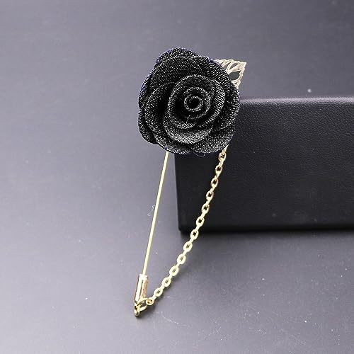 Rose Flower Pin Brooch for Men Long Chain Fringe Lapel Pin Fabric Boutonniere Pins Enhance Image Dress Accessories Groomsman Wedding Suit Accessories (Black)