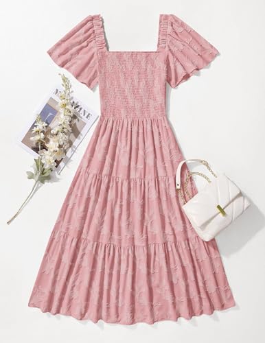 ZESICA Women‘s Summer Boho Floral Midi Dress 2026 Casual Short Sleeve Square Neck Flowy Beach Vacation Long Dress,Pink,Small