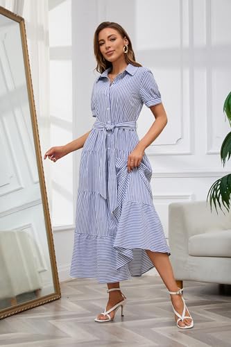 utcoco Womens Casual Short Sleeve Button Down Tie Waist Ruffled Striped Maxi Shirt Dress (Small, Blue)