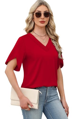 WIHOLL Womens Summer Tops 2026 Short Sleeve Shirts Loose Fit Blouses for Women Dressy Casual Fashion Clothes Date Outfits Beach Vacation Traval Outfits Red XL