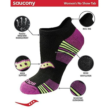 Saucony Women's RunDry Performance 8, 16 Pairs Heel Tab Athletic Socks, S-L, Black Assorted (8 Pairs), Small