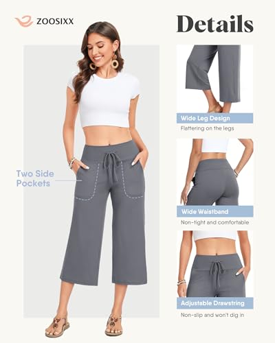 ZOOSIXX Capri Pants for Women - Palazzo Pants Casual Wide Leg Trousers with Pockets Summer High Waisted Drawstring Pants Black