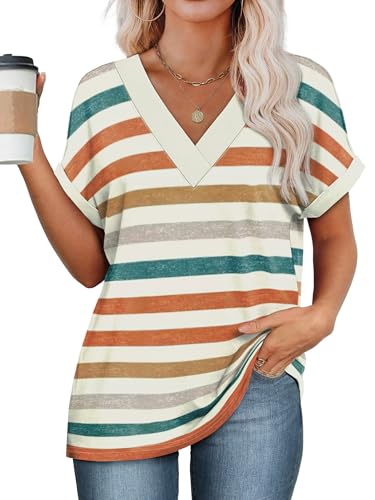 WIHOLL Plus Size Spring Clothes for Women 2026 Dressy Casual Short Sleeve Tops V Neck Shirts Business Beach Vacation Orange Stripes 2XL