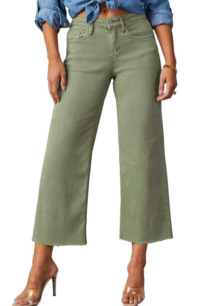 Allimy Women's High Waisted Straight Ankle Wide Leg Ripped Jeans Frayed Hem Stretchy Capri Denim Pants Olive Size 4