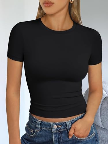Trendy Queen Womens Short Sleeve T Shirts - Buttery Soft Summer Crop Tops Slim Fit Y2k Basic Tees for Workout Black M