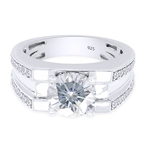 SAVEARTH DIAMONDS 14k White Gold Over Sterling Silver 1.5 Carat 7.5MM Round Cut Moissanite Lab Created Diamond Engagement Ring with Accents for Men and Women Ring Size-9.5