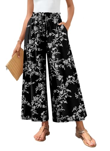 Bestbee Womens Plus Size Palazzo Pants Dressy Casual Wide Leg Gaucho Pant Business Flowy Slacks Elastic Waist with Pockets, 2XL, Black-White Flower