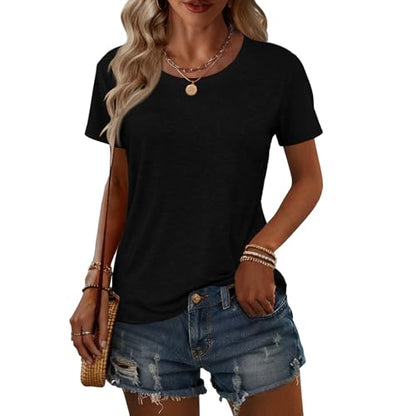 KILISU 2PCS Women Short Sleeve T Shirts Crew Neck Solid Soft Basic Tee Casual Loose Fit Lightweight Summer Tops Clothes 2025 (US, Alpha, Medium, Regular, Regular, White+Black)