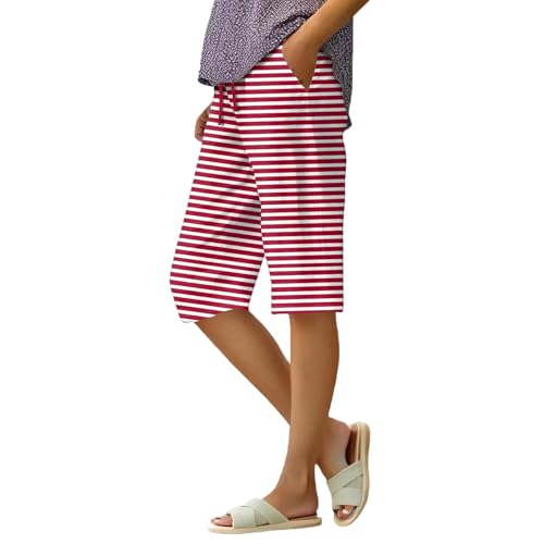 Womens Bermuda Shorts Linen Knee Length Plus Size Elastic Waist Loose Baggy Red Women Shorts for Seniors High Waisted Beach Vacation Flowy Red Capri Pants Linen Clothes for Seniors
