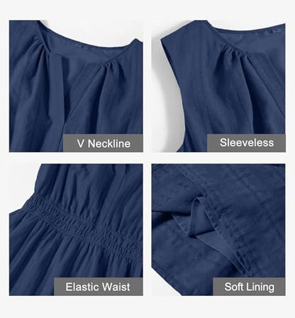 MEROKEETY Women's 2026 Summer Casual Mini Sundress Beach Vacation Sleeveless V Neck Flowy A Line Dress with Pockets, Navy, Medium