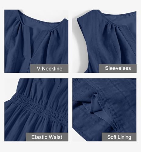 MEROKEETY Women's 2026 Summer Casual Mini Sundress Beach Vacation Sleeveless V Neck Flowy A Line Dress with Pockets, Navy, Medium