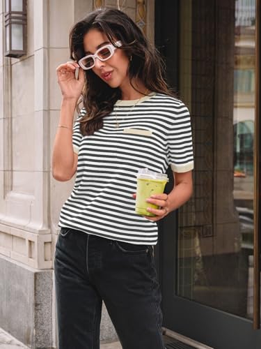 LILLUSORY Womens Spring Short Sleeve Sweater Shirts Tops Summer 2026 Cute Business Dressy Casual Teacher Trendy Outfits Clothes Blouse Work School Vacation Fashion Cotton Striped Apricot Black M