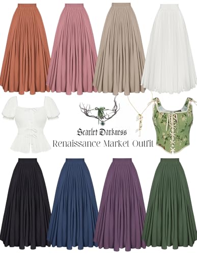 Scarlet Darkness Women Casual Maxi Skirt Flowy Bohemian Renaissance Long Skirts Olive Green S