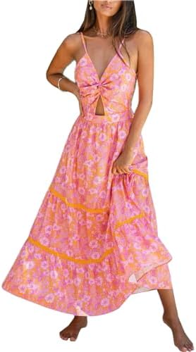 Sundresses - CUPSHE Women's Maxi Dress Floral Print Twisted V Neck Sleeveless Long Dress Summer Casual Dress Pink Floral