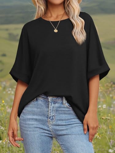 ATHMILE Plus Size Tshirts for Women Loose Fit Beach Fashion Short Sleeve Summer Casual Blouse 2026 Y2K Tee Tops Black