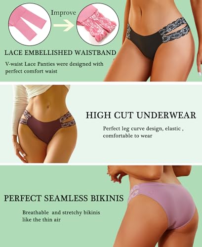 FINETOO Seamless Underwear for Women Cheeky Bikini Panties High Cut V-waist Lace Underwear Women Cute Bikinis 6 Pack