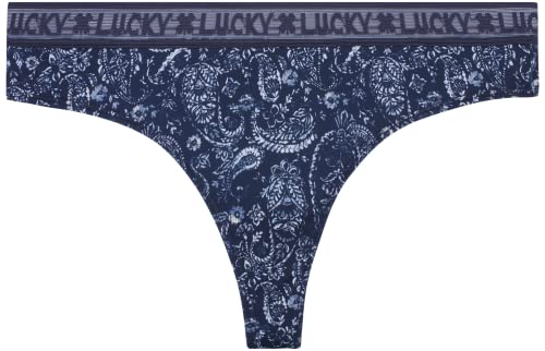 Lucky Brand Women's Underwear - 5 Pack Microfiber Thong Panties (S-XL), Size Large, Blue Iris/Gardenia/Silver Sconce/Blue/Multi