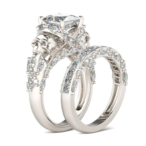 Jeulia Skull Engagement Ring Sets Sterling Silver Promise Eternity Band Rings Diamond Princess Cut with Cubic Zirconia Wedding Engagement Anniversary Promise Rings Bridal Sets (9.5(U.S))