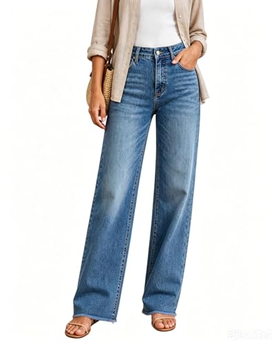 UPNET Womens High Waisted Jeans Stretchy Straight Leg Loose Fit Tummy Control Raw Hem Denim Pants Trendy 2025 Fashion (US, Numeric, 8, Regular, Regular, Blue)