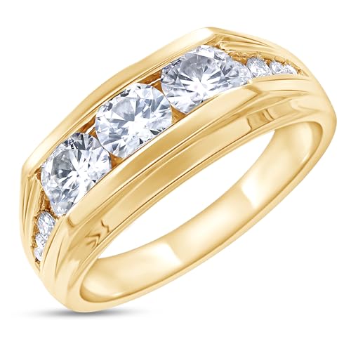 Men's 3-stone Anniversary Wedding Band Ring Round Lab Created Moissanite Channel Set Ring In 14K Yellow Gold Plated Sterling Silver Jewelry For Him (1.00 Cttw) Size 9