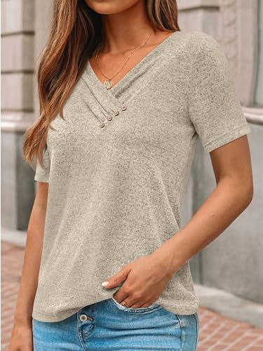 AUTOMET Womens Blouses Short Sleeve Swater Tops Summer Spring Outfits 2026 V Neck Sweaters Button Shirts Dressy Casual Khaki M