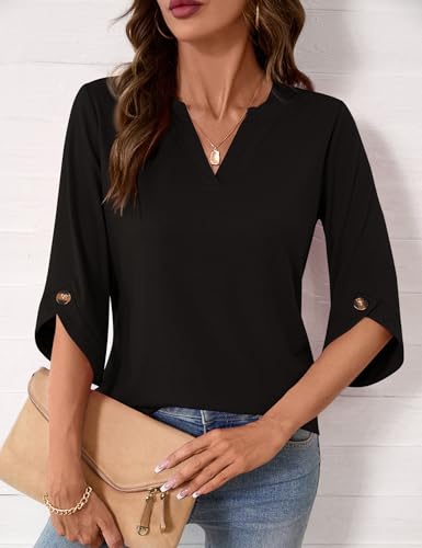 Kistore Blouses for Women Dressy Casual 3/4 Sleeve Dress Shirts Spring V Neck Office Going Out Wear Tops Black M